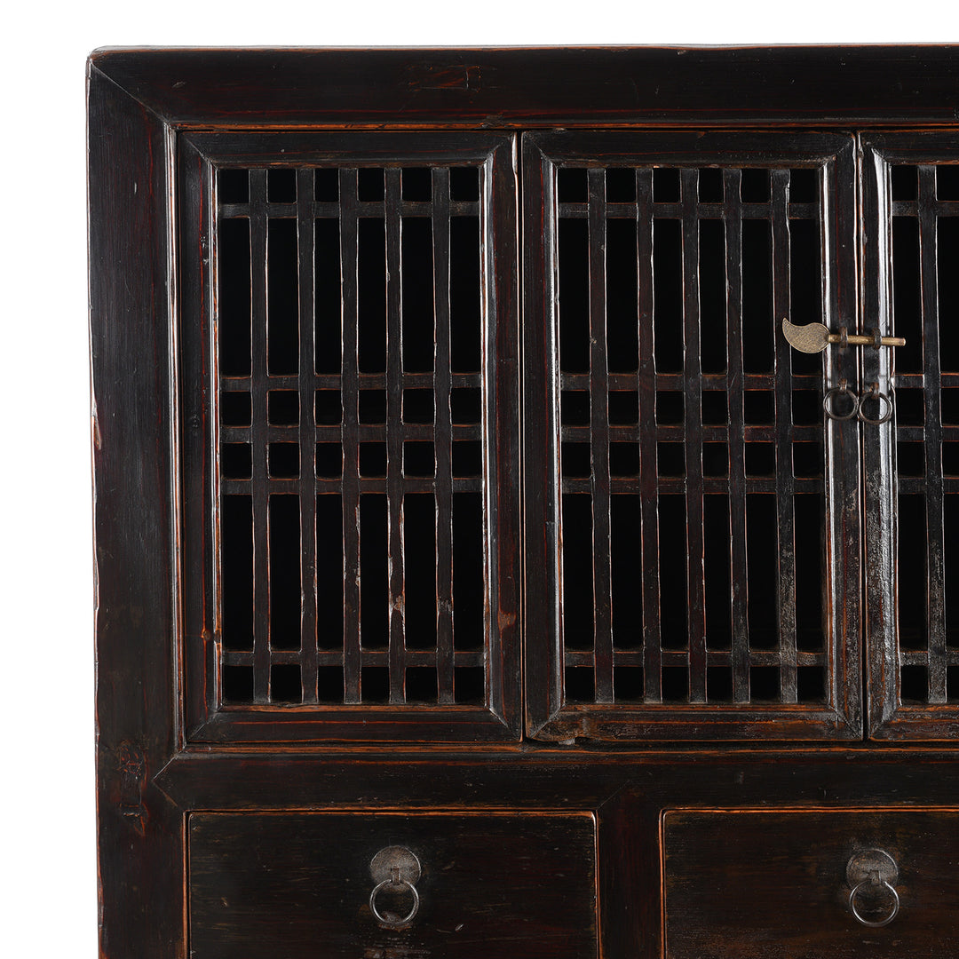 Corner Detail From Antique Black Lacquer Kitchen Cabinet From Tianjin | Indigo Antiques