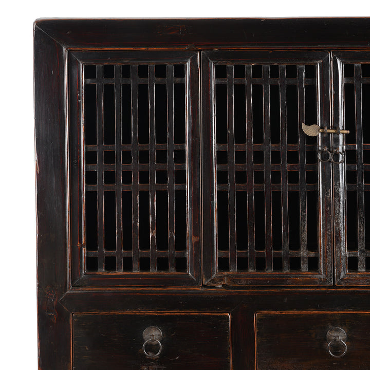 Corner Detail From Antique Black Lacquer Kitchen Cabinet From Tianjin | Indigo Antiques