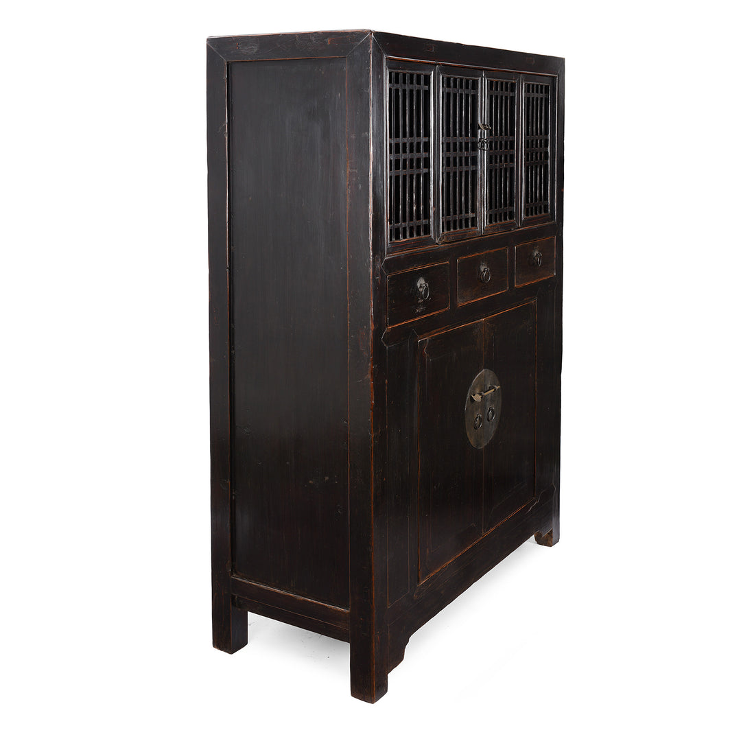 Angled View Of Antique Black Lacquer Kitchen Cabinet From Tianjin | Indigo Antiques