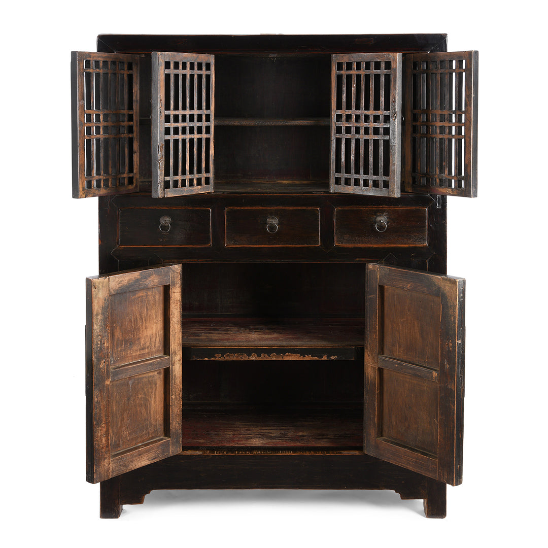 Open Doors VIew Of Antique Black Lacquer Kitchen Cabinet From Tianjin | Indigo Antiques