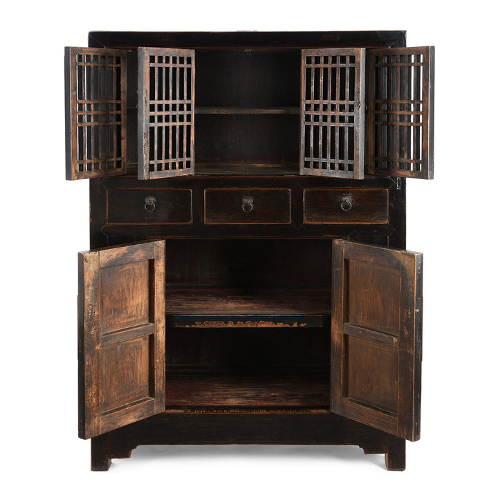 Open Doors VIew Of Antique Black Lacquer Kitchen Cabinet From Tianjin | Indigo Antiques