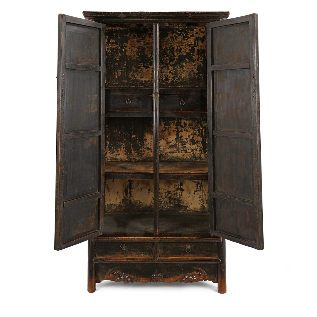 Open Doors View Of Chinese Black Lacquer Taper Cabinet From Shanxi - Early 19thC | Indigo Antiques
