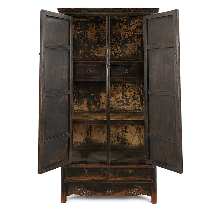 Open Doors View Of Chinese Black Lacquer Taper Cabinet From Shanxi - Early 19thC | Indigo Antiques