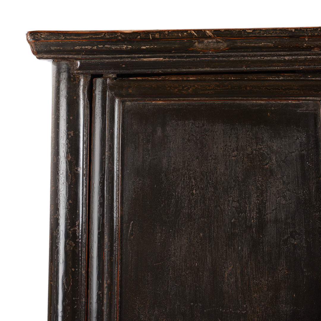 Corner Detail From Chinese Black Lacquer Taper Cabinet From Shanxi - Early 19thC | Indigo Antiques