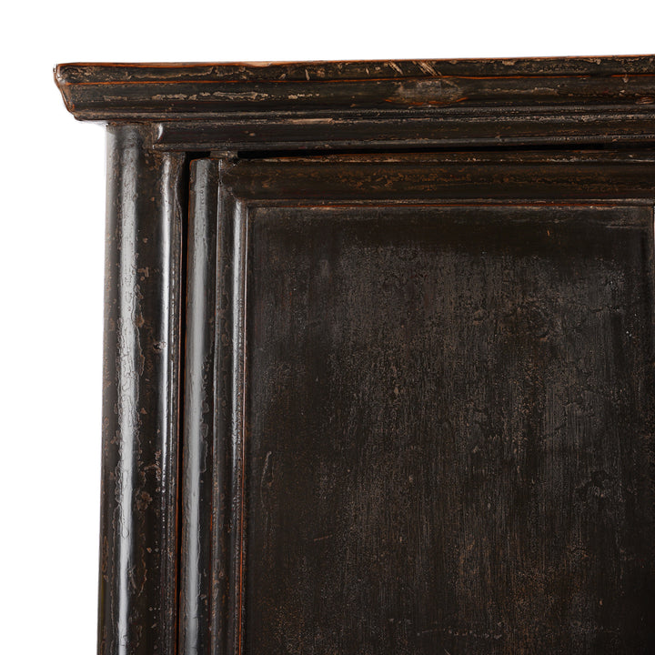 Corner Detail From Chinese Black Lacquer Taper Cabinet From Shanxi - Early 19thC | Indigo Antiques