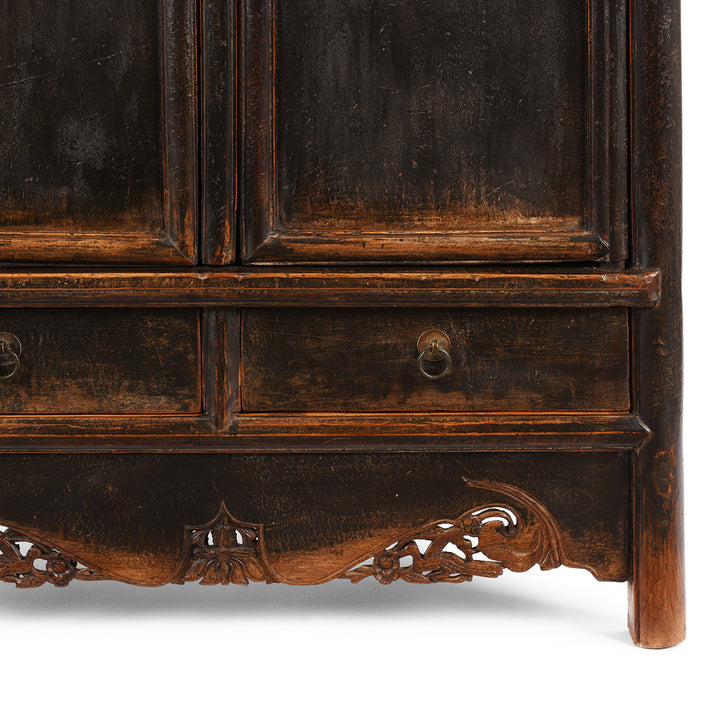 Base Carving Detail From Chinese Black Lacquer Taper Cabinet From Shanxi - Early 19thC | Indigo Antiques
