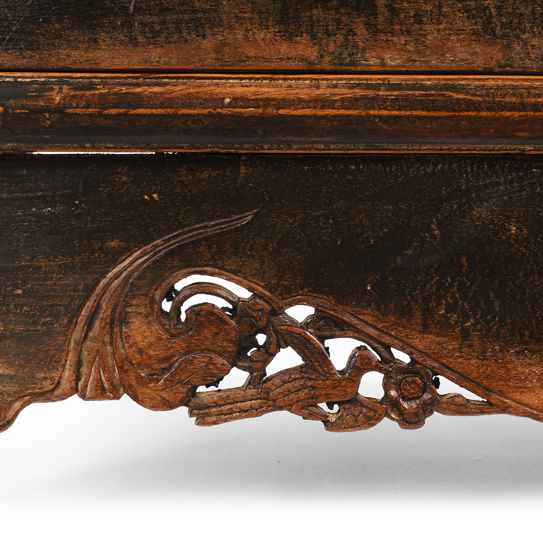 Base Carving Detail Showing A Bird Detail From Chinese Black Lacquer Taper Cabinet From Shanxi - Early 19thC | Indigo Antiques