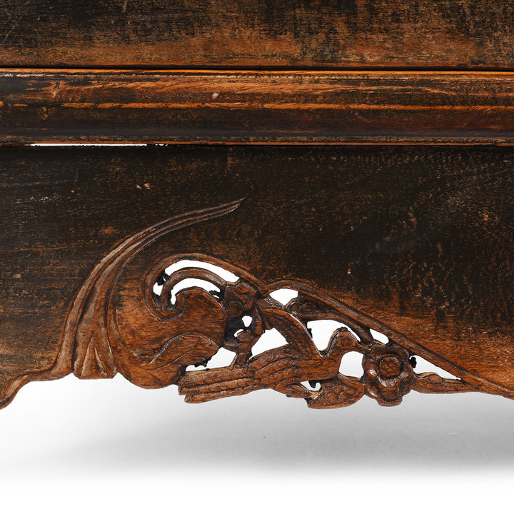 Base Carving Detail Showing A Bird Detail From Chinese Black Lacquer Taper Cabinet From Shanxi - Early 19thC | Indigo Antiques