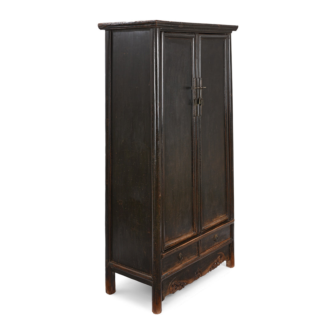 Angled View Of Chinese Black Lacquer Taper Cabinet From Shanxi - Early 19thC | Indigo Antiques