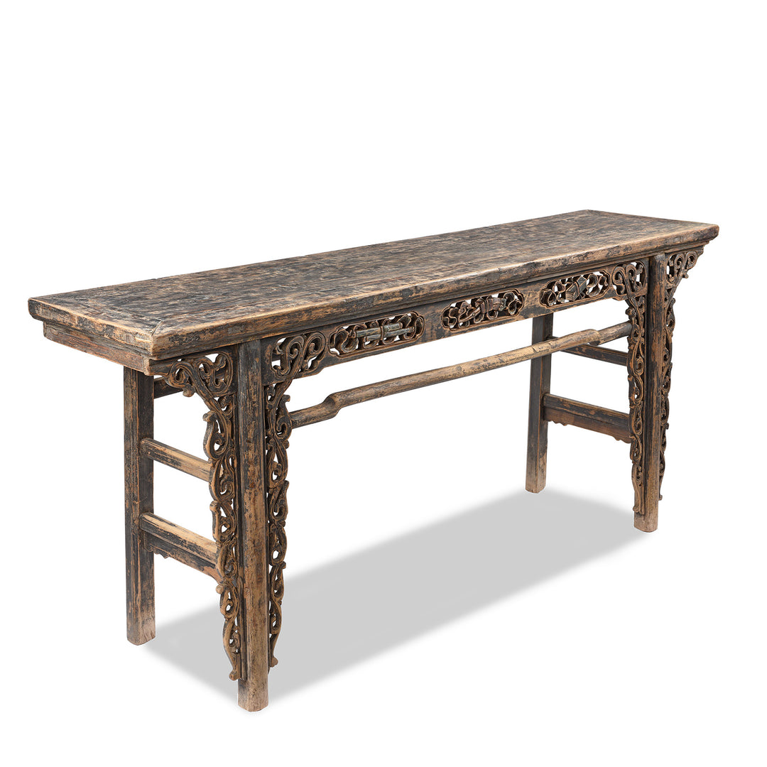 Side view of an Antique Carved Floral Chinese Altar Table From Qinghai | Indigo Antiques