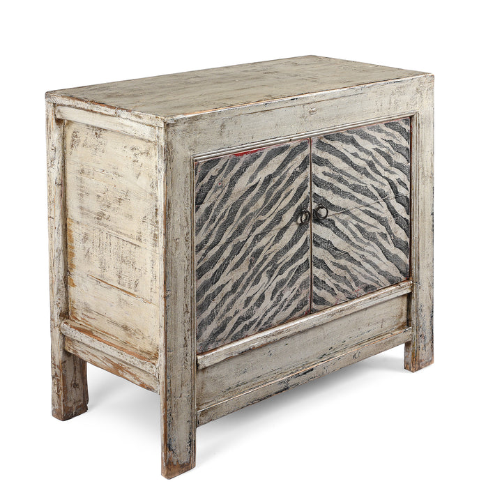 Angled View Of Painted Tiger Side Cabinet | Indigo Antiques