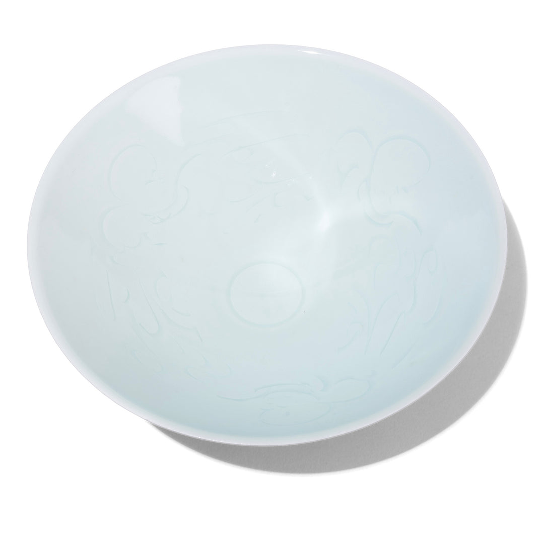 Interior Of Flowing Floral Design Fine Glazed Celadon Porcelain Rice Bowl In Pale Jade Green With Hand Carved Song Dynasty Inspired Design
