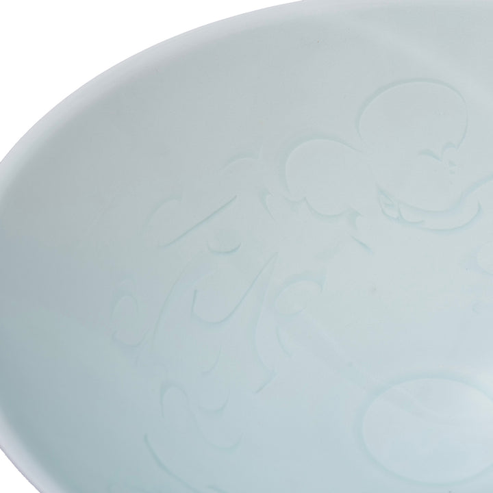 Detail From Flowing Floral Design Fine Glazed Celadon Porcelain Rice Bowl In Pale Jade Green With Hand Carved Song Dynasty Inspired Design