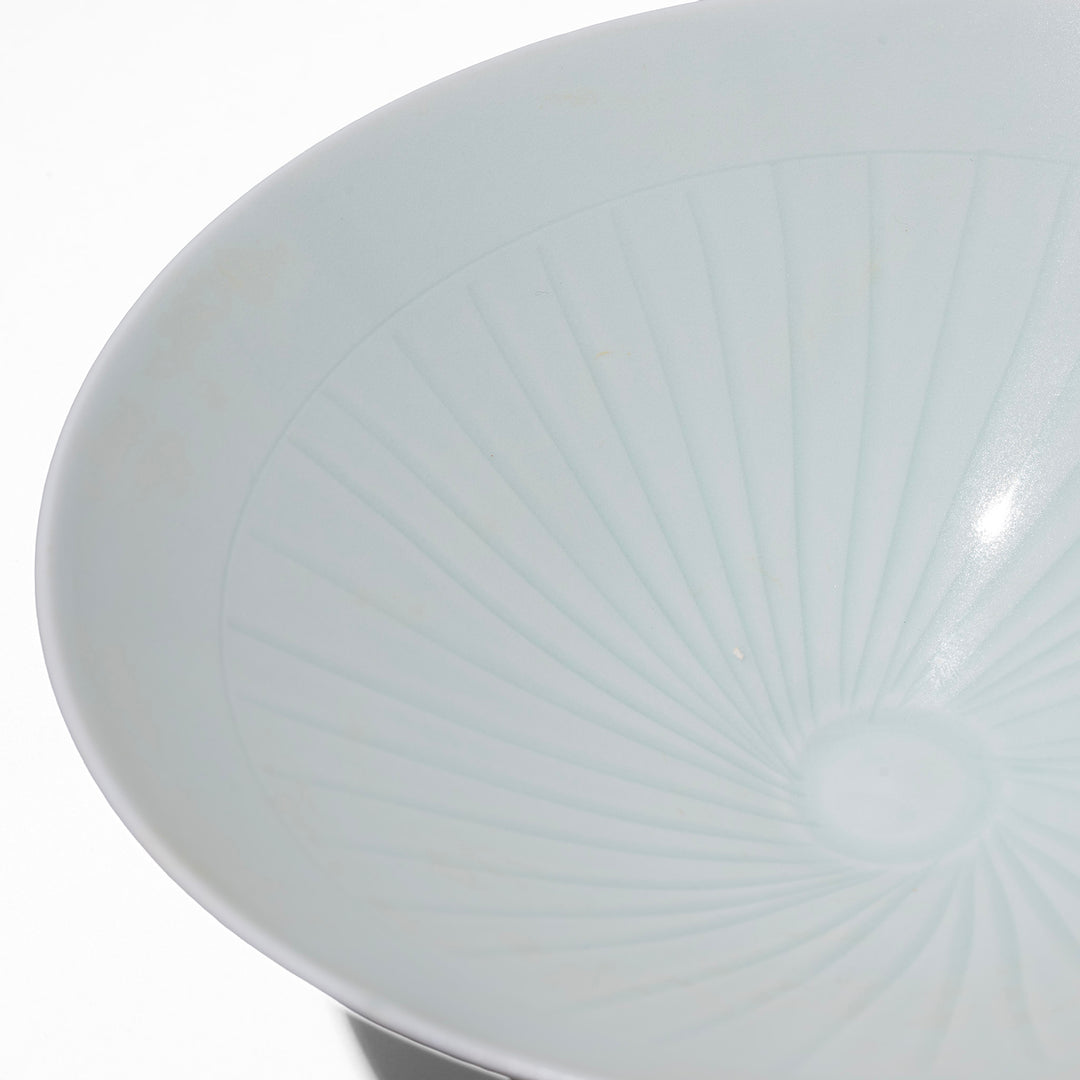 Design Detail From Radial Lines Design Fine Glazed Celadon Porcelain Rice Bowl In Pale Jade Green With Hand Carved Song Dynasty Inspired Design