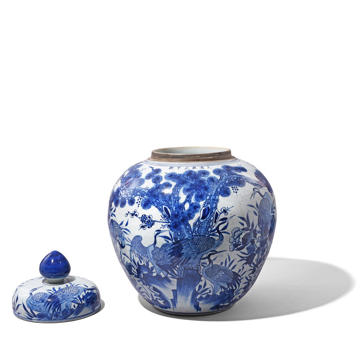 Lid Off Detail From Blue & White Porcelain Temple Jar - Crane Design | Indigo Antiques