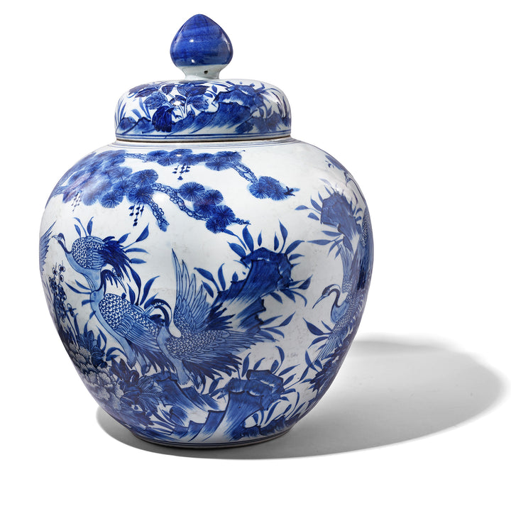 Blue & White Porcelain Temple Jar - Crane Design | Indigo Antiques