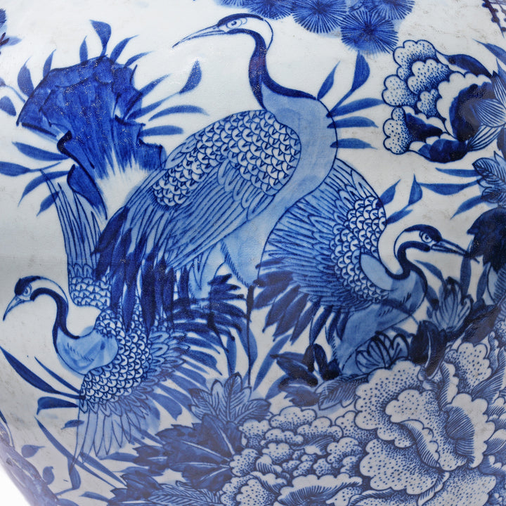 Crane Detail From Blue & White Porcelain Temple Jar - Crane Design | Indigo Antiques