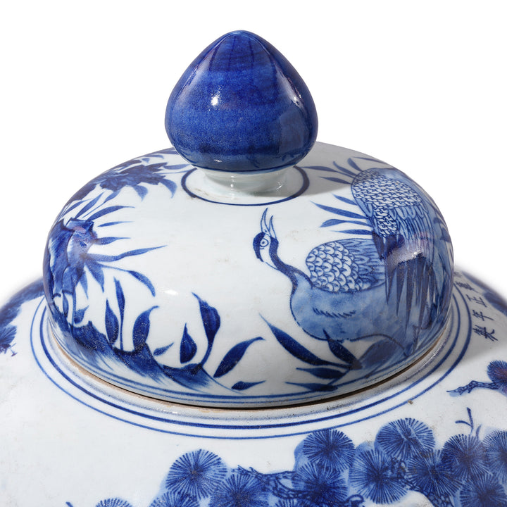 Lid Detail From Blue & White Porcelain Temple Jar - Crane Design | Indigo Antiques