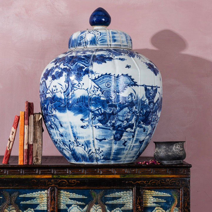 Blue & White Porcelain Temple Jar - Battle Design | Indigo Antiques