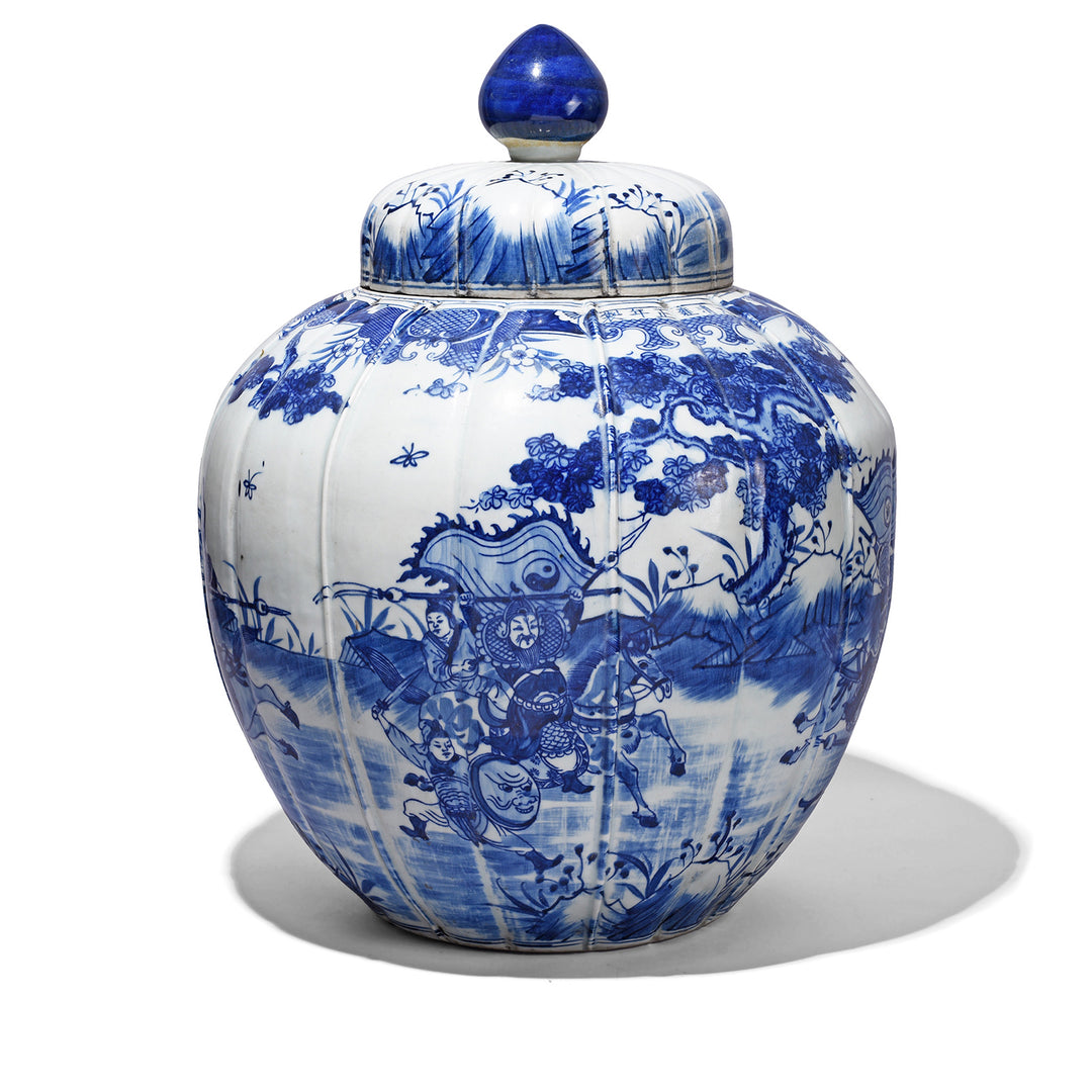 Blue & White Porcelain Temple Jar - Battle Design | Indigo Antiques