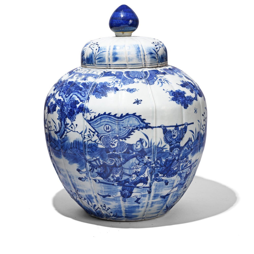 Blue & White Porcelain Temple Jar - Battle Design | Indigo Antiques