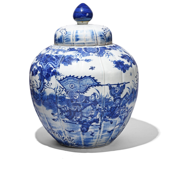 Blue & White Porcelain Temple Jar - Battle Design | Indigo Antiques