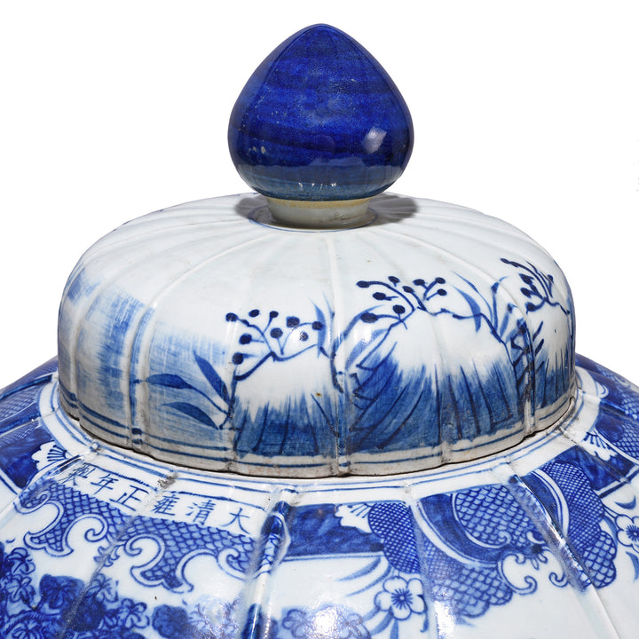 Lid Detail From Blue & White Porcelain Temple Jar - Battle Design | Indigo Antiques