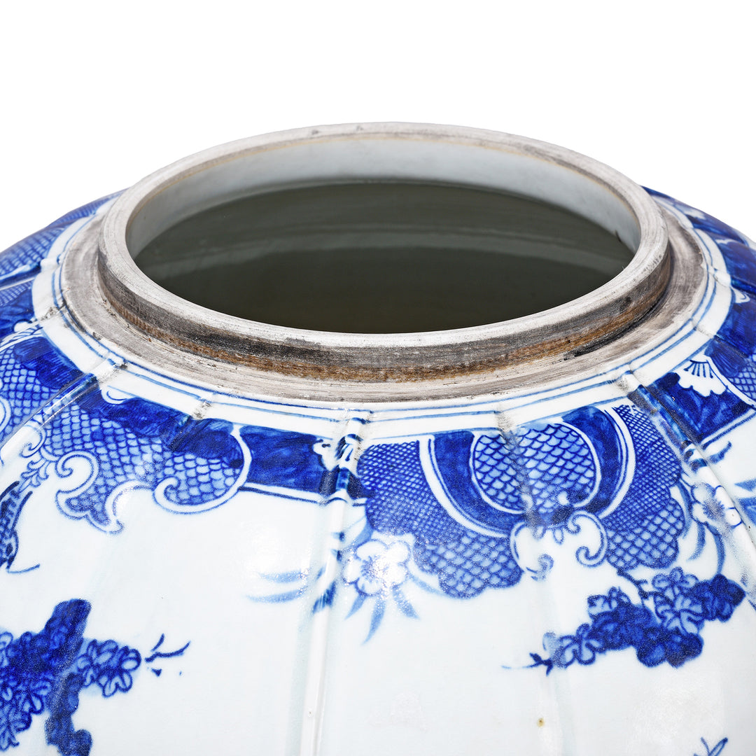 Rim Detail From Blue & White Porcelain Temple Jar - Battle Design | Indigo Antiques