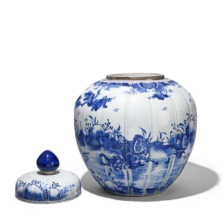 Lid Off View Of Blue & White Porcelain Temple Jar - Battle Design | Indigo Antiques