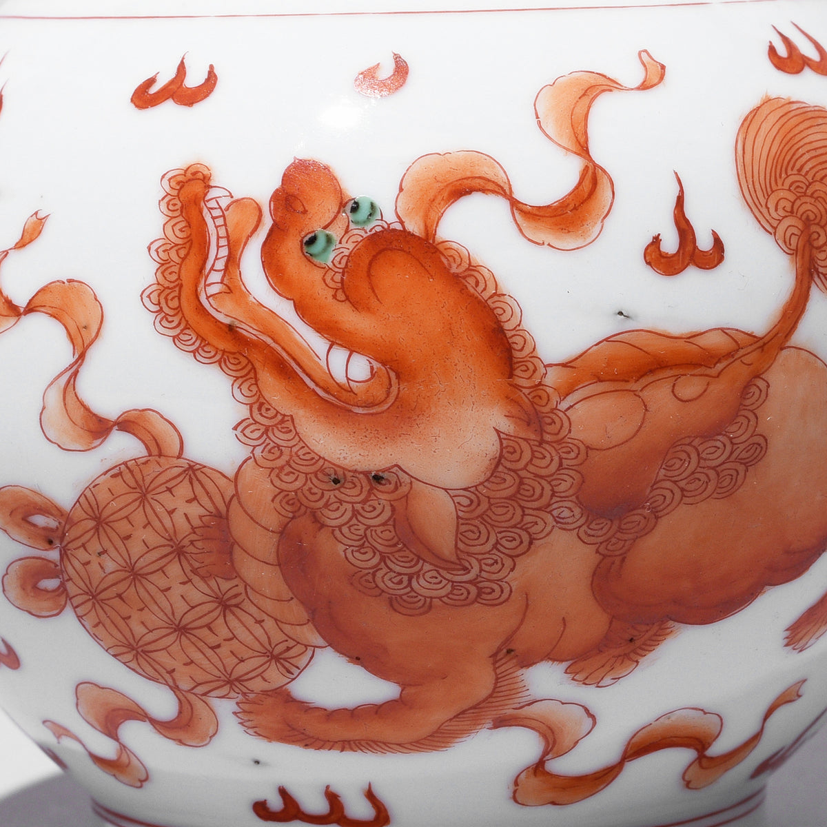 Snow Lion Detail From Burnt Orange Porcelain Vase - Snow Lions | Indigo Antiques