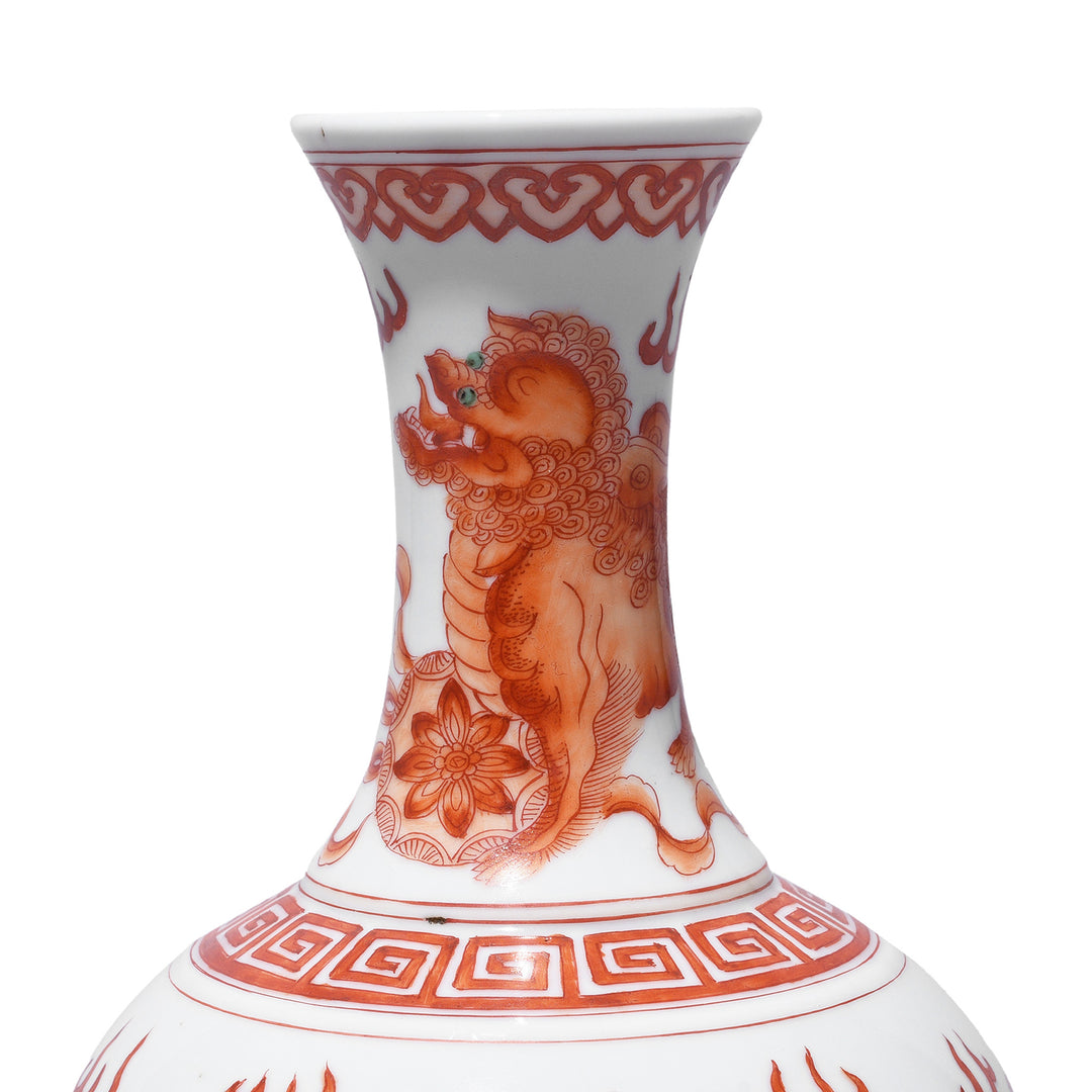 Neck Detail From Burnt Orange Porcelain Vase - Snow Lions | Indigo Antiques