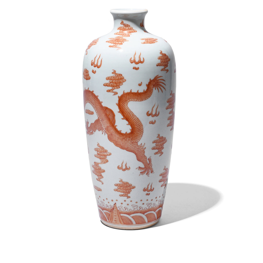 Back Of Burnt Orange Porcelain Rouleau Vase - Dragons | Indigo Antiques