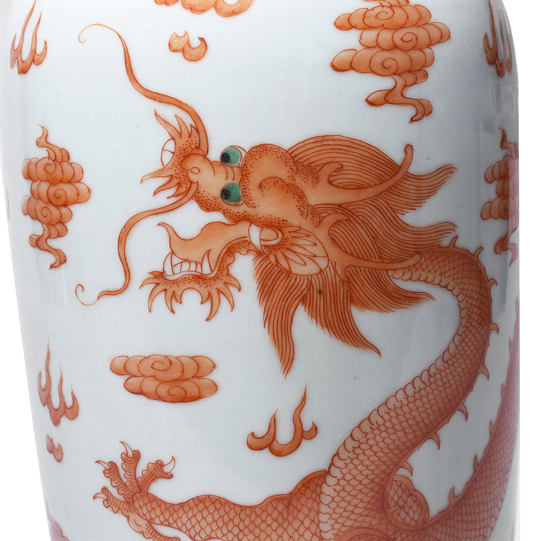 Dragon Detail From Burnt Orange Porcelain Rouleau Vase - Dragons | Indigo Antiques