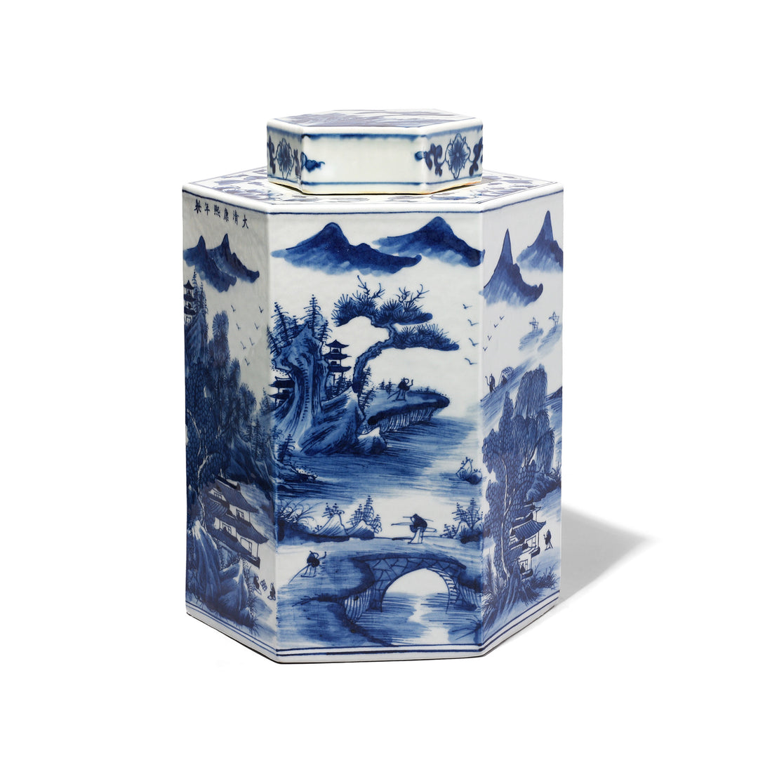 Blue & White Porcelain Tea Caddy - Pastoral Scenes | Indigo Antiques