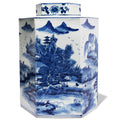 Hexagonal Blue & White Porcelain Tea Caddy - Pastoral Scenes