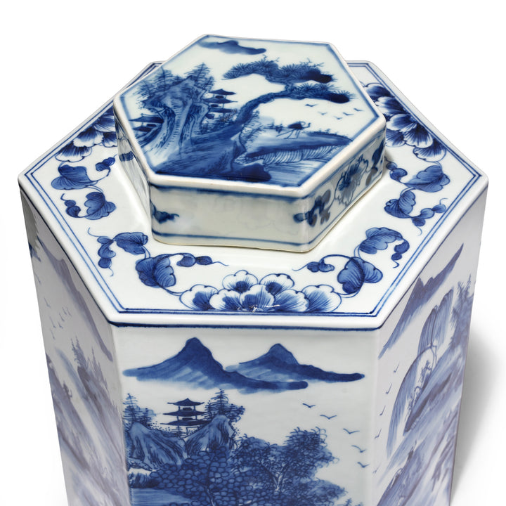 Lid Detail From Blue & White Porcelain Tea Caddy - Pastoral Scenes | Indigo Antiques