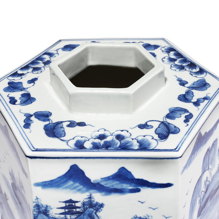 Opening Detail From Blue & White Porcelain Tea Caddy - Pastoral Scenes | Indigo Antiques
