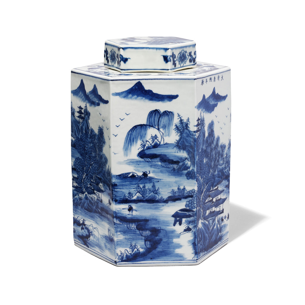 Hexagonal Blue & White Porcelain Tea Caddy - Pastoral Scenes