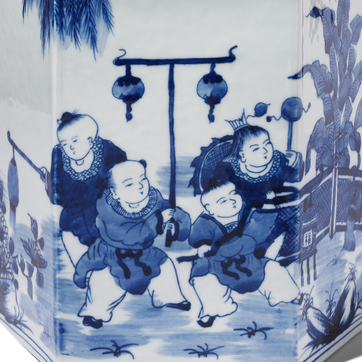 Children Detail From Hexagonal Blue & White Porcelain Tea Caddy - Children Playing | Indigo Antiques