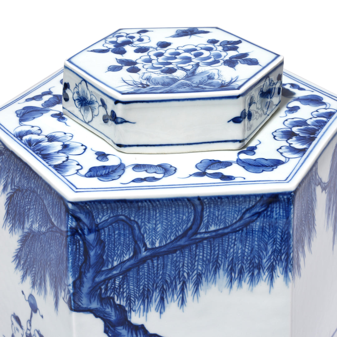 Lid Detail From Hexagonal Blue & White Porcelain Tea Caddy - Children Playing | Indigo Antiques