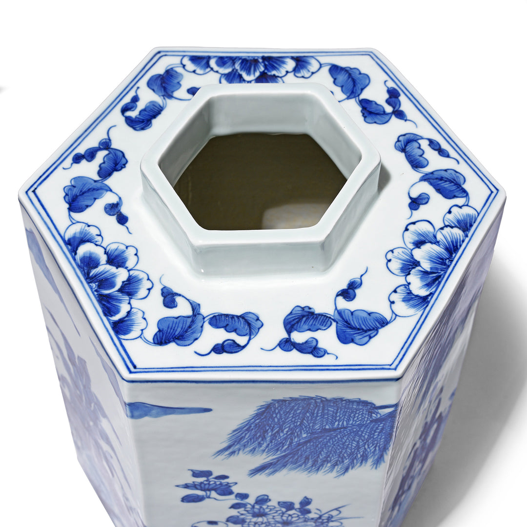 Interior View Of Hexagonal Blue & White Porcelain Tea Caddy - Children Playing | Indigo Antiques