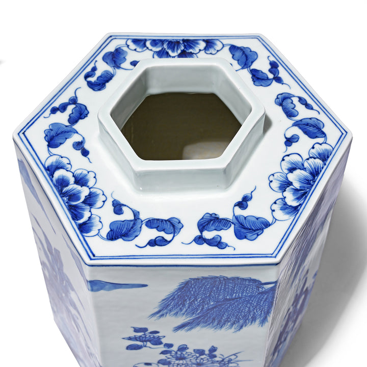 Interior View Of Hexagonal Blue & White Porcelain Tea Caddy - Children Playing | Indigo Antiques