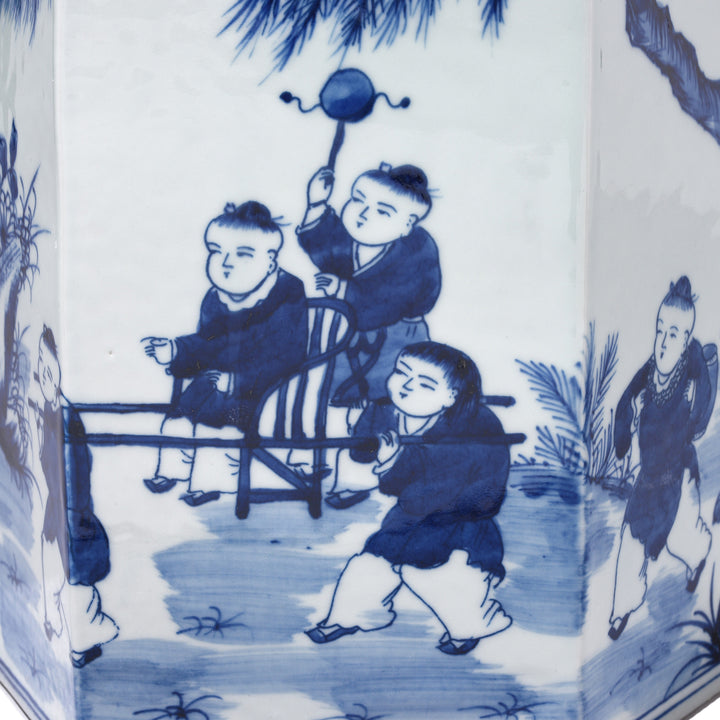 Children Detail From Hexagonal Blue & White Porcelain Tea Caddy - Children Playing | Indigo Antiques