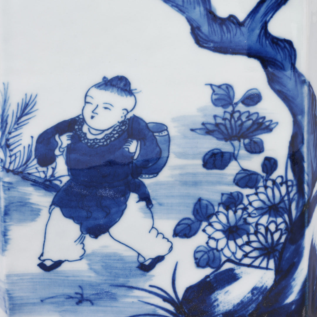 Paintwork Detail From Hexagonal Blue & White Porcelain Tea Caddy - Children Playing | Indigo Antiques