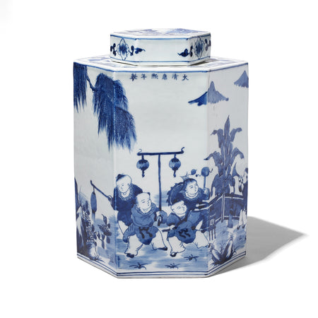 Hexagonal Blue & White Porcelain Tea Caddy - Children At Play
