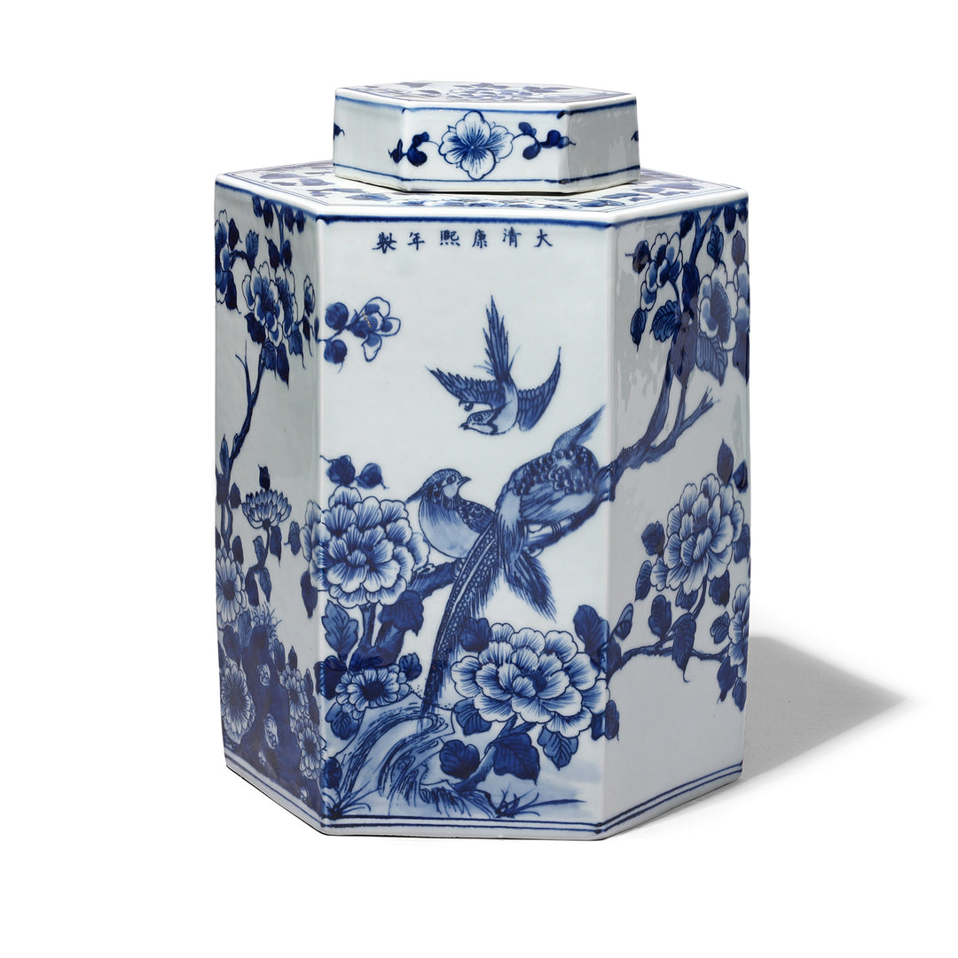 Hexagonal Blue & White Porcelain Tea Caddy - Birds & Trees | Indigo Antiques