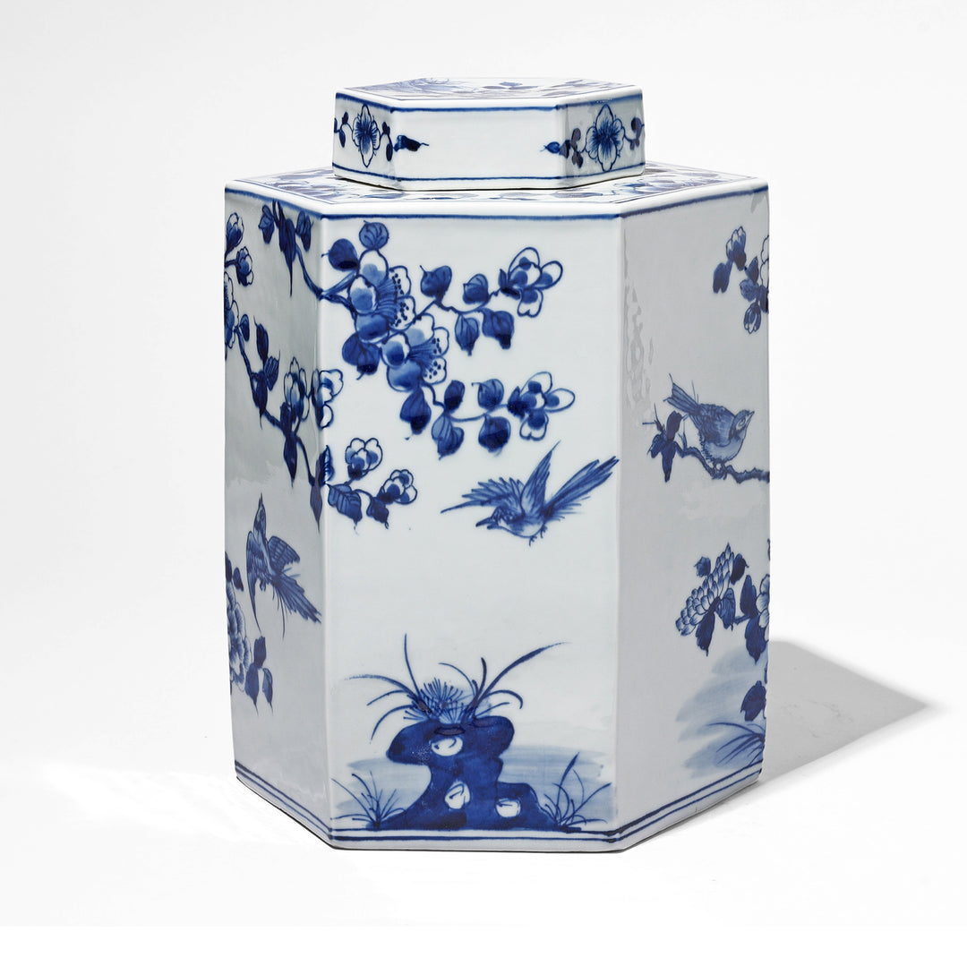 Hexagonal Blue & White Porcelain Tea Caddy - Birds & Trees | Indigo Antiques