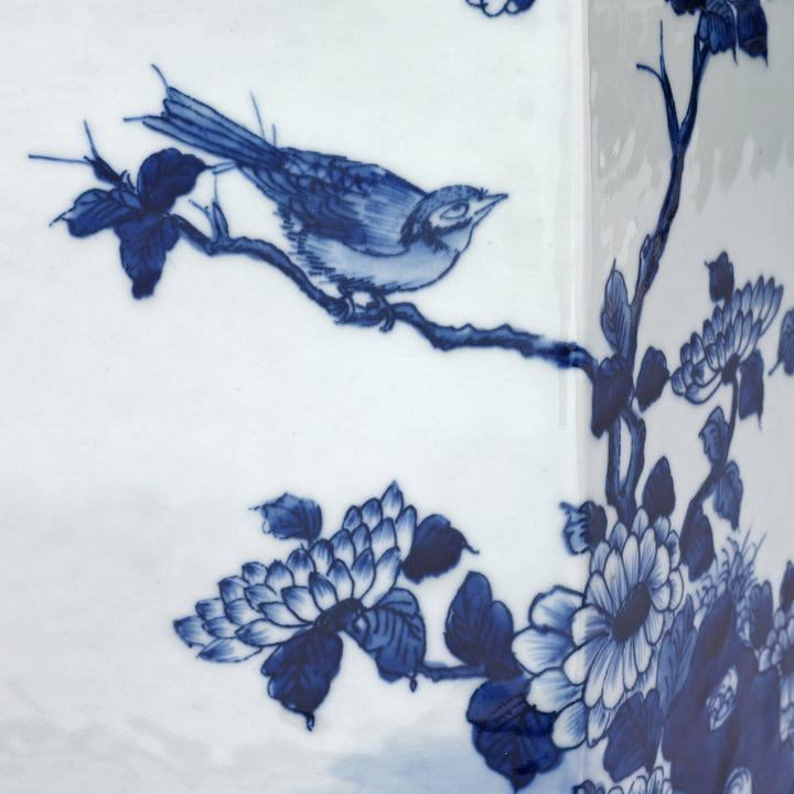 Bird Paintwork Detail From Hexagonal Blue & White Porcelain Tea Caddy - Birds & Trees | Indigo Antiques