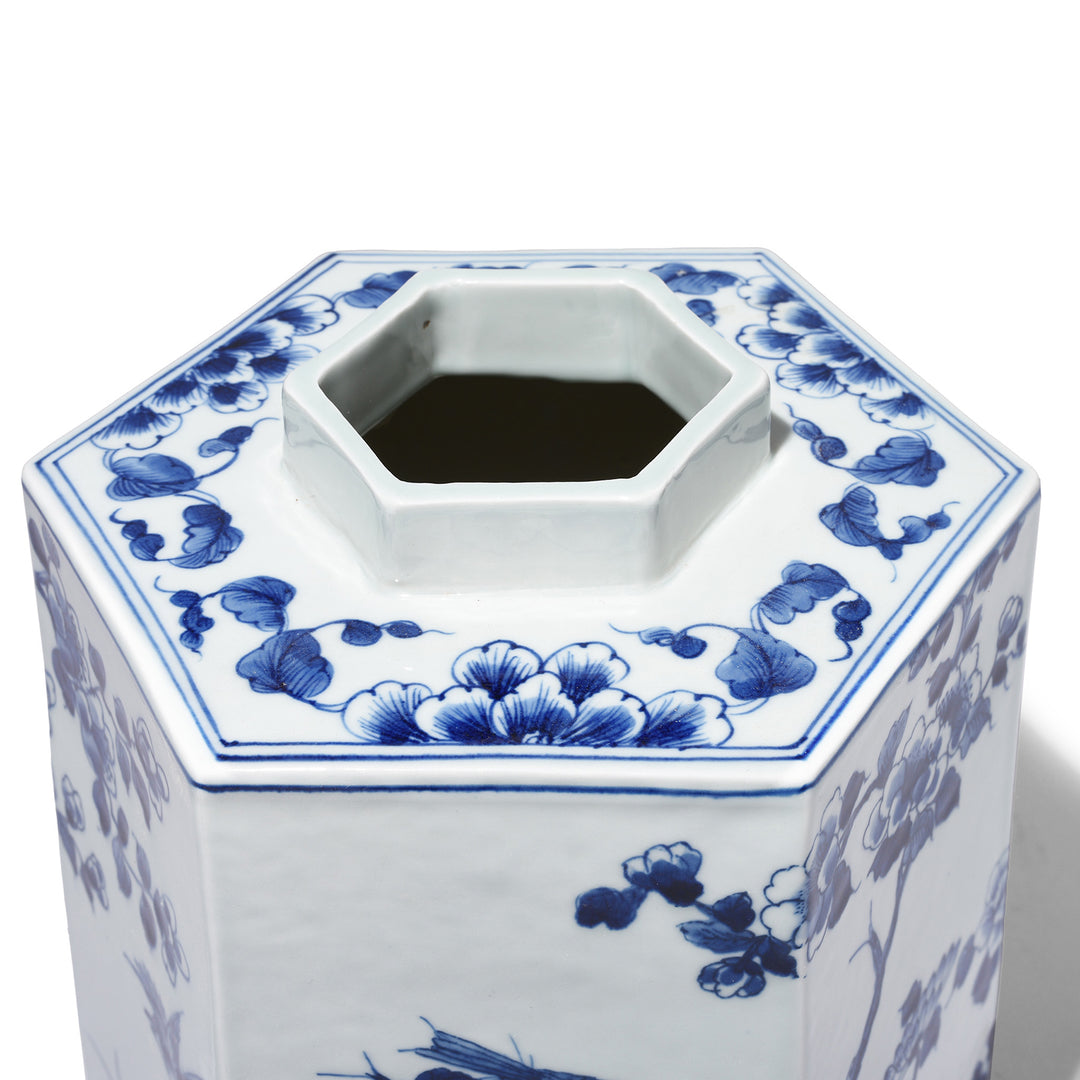Opening Detail From Hexagonal Blue & White Porcelain Tea Caddy - Birds & Trees | Indigo Antiques