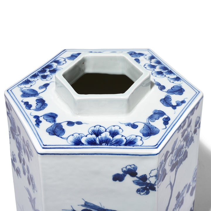 Opening Detail From Hexagonal Blue & White Porcelain Tea Caddy - Birds & Trees | Indigo Antiques